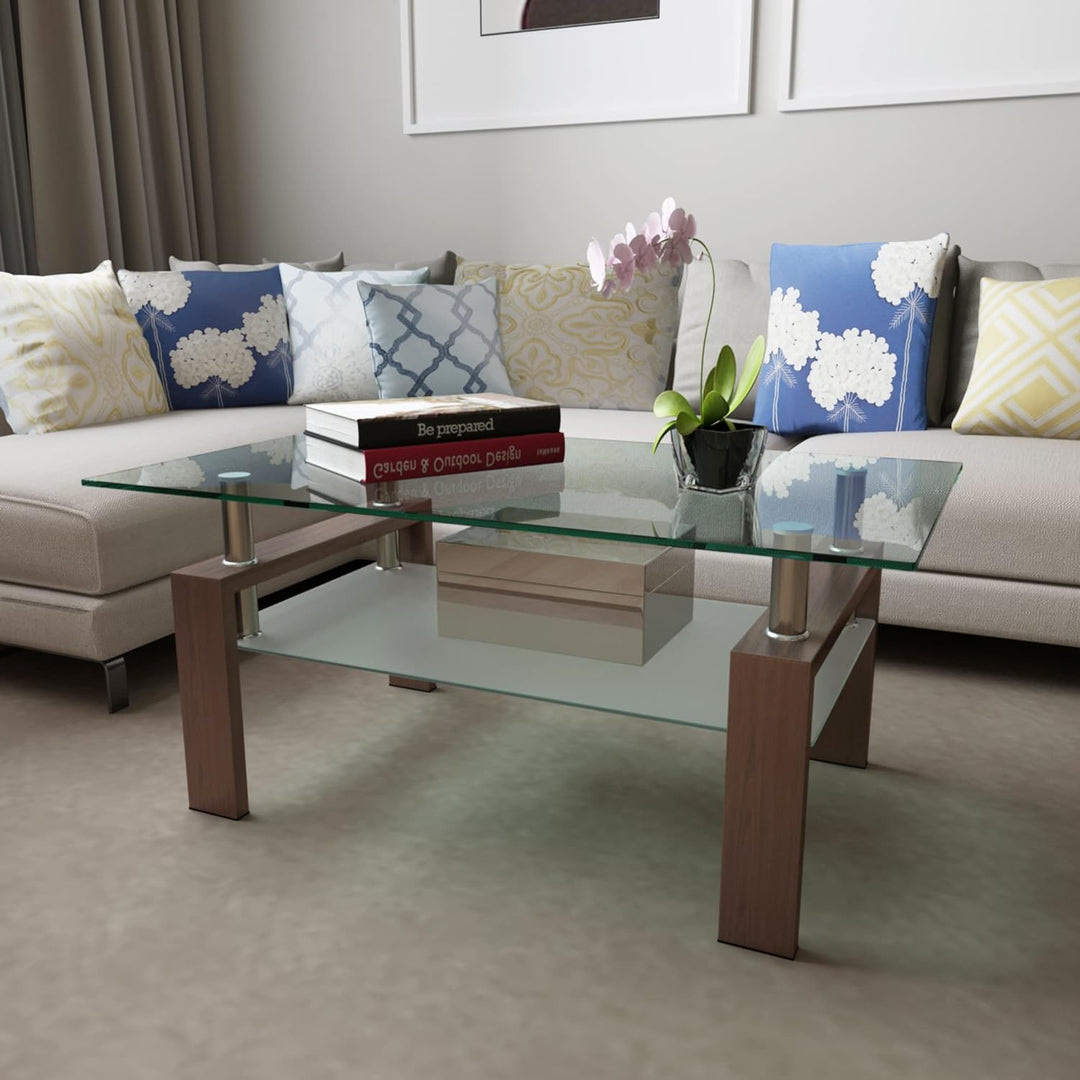 Walnut Glass Coffee Table, Clear Modern Side Tables