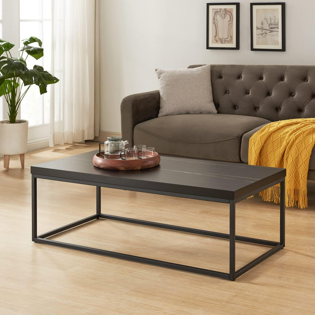 Marble Coffee Table, 47" Rectangle Modern Industrial Style, Black Marble