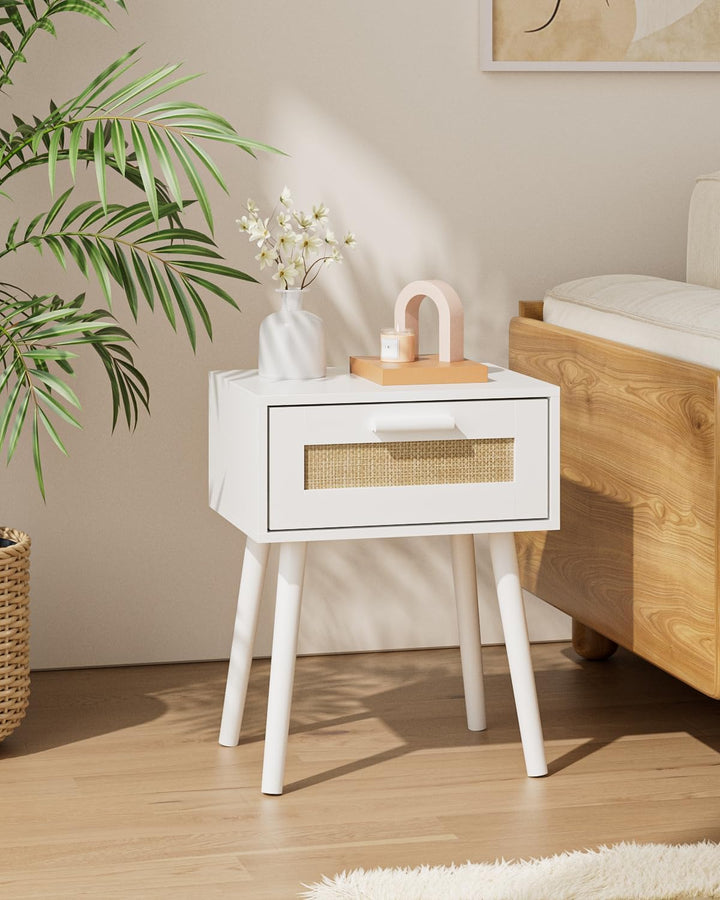 Wooden Nightstands with Rattan Weaving Drawer Storage