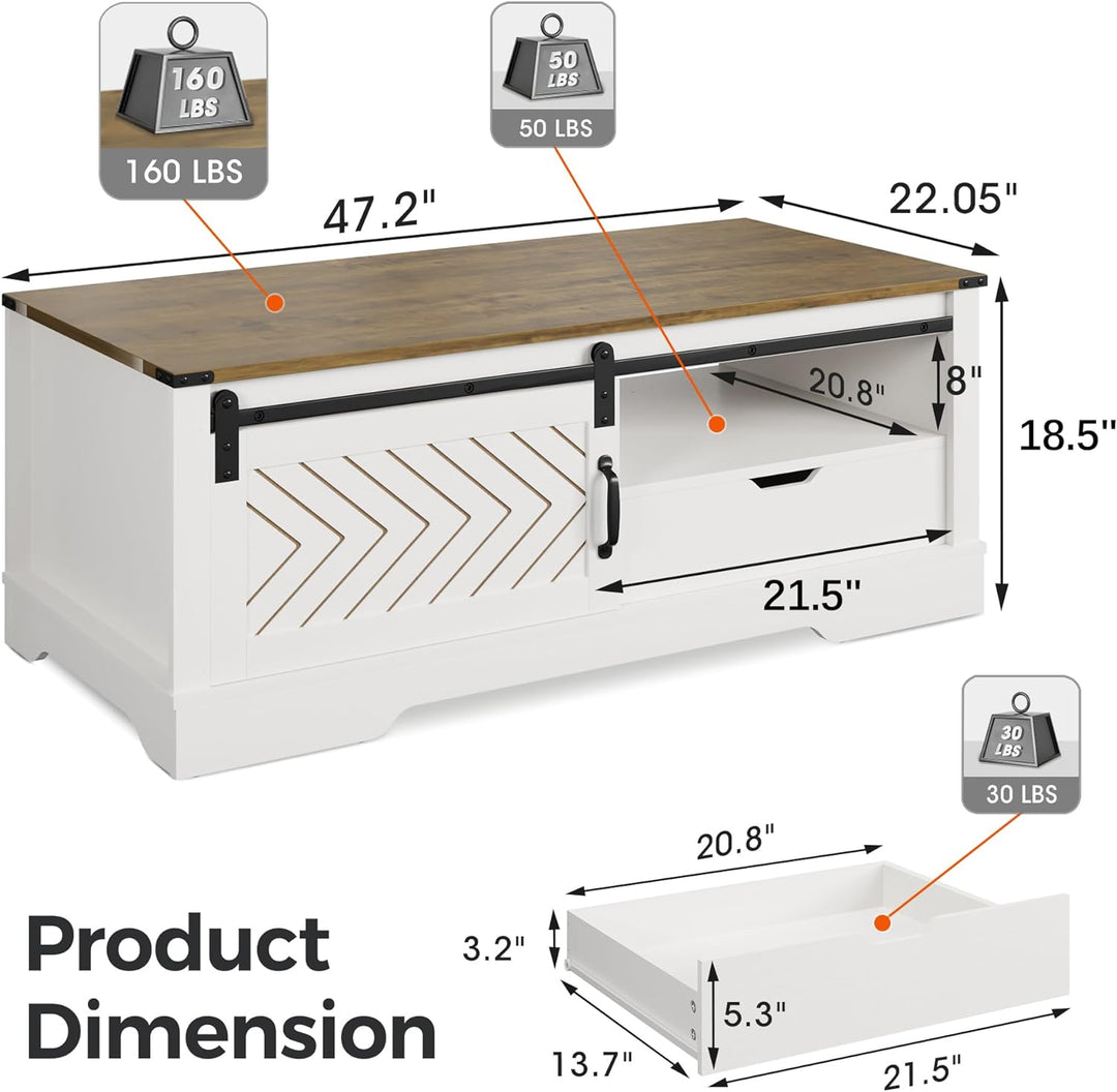 Farmhouse Coffee Table with Storage, Sliding Barn Door, White and Rustic Dark Oak