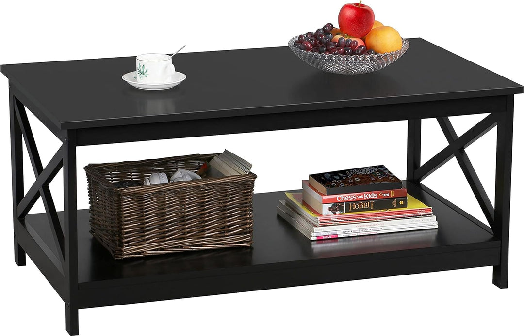 Stylish 2-Tier Wood Coffee Table, X-Shaped Accent Cocktail Table, Black