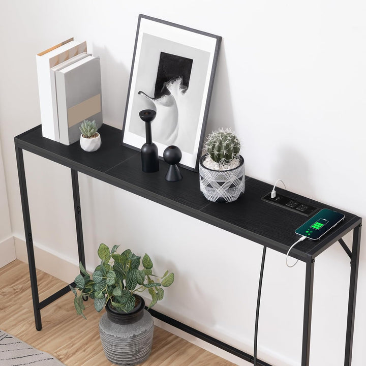 Console Table, Narrow Sofa Table, 43.3 Entrance Table with Power Station, Black CTHB112E01