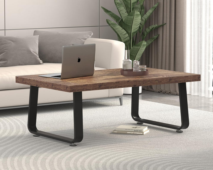 HSH Wooden Coffee Table, Industrial Rectangle Center Table, Modern Minimalist Living Room Furniture, Rustic Brown