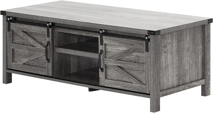 Rustic Farmhouse Coffee Table with Sliding Barn Doors, Grey