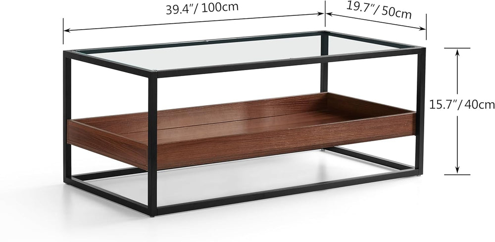 Dual-Layer Glass Coffee Table, Walnut Wood Panels, Black Frame