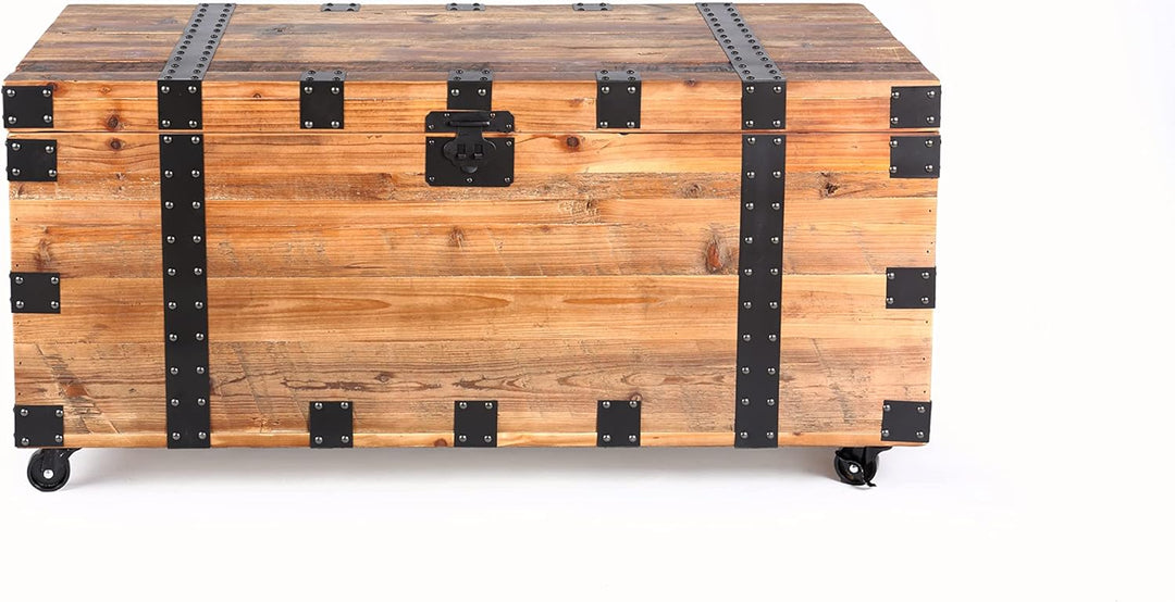 Rustic Wood Storage Trunk Coffee Table, Lift Top, Black Accents