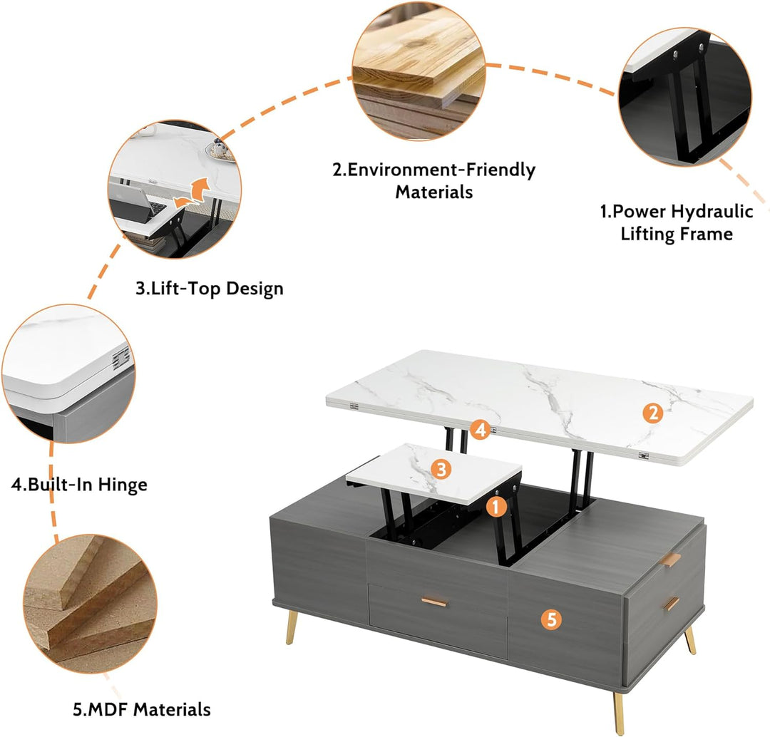 Merax Modern Lift Top Coffee Table, Convertible Dining, Grey & White
