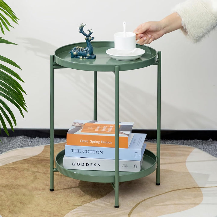 2-Tier Round Metal End Table, Matcha Green