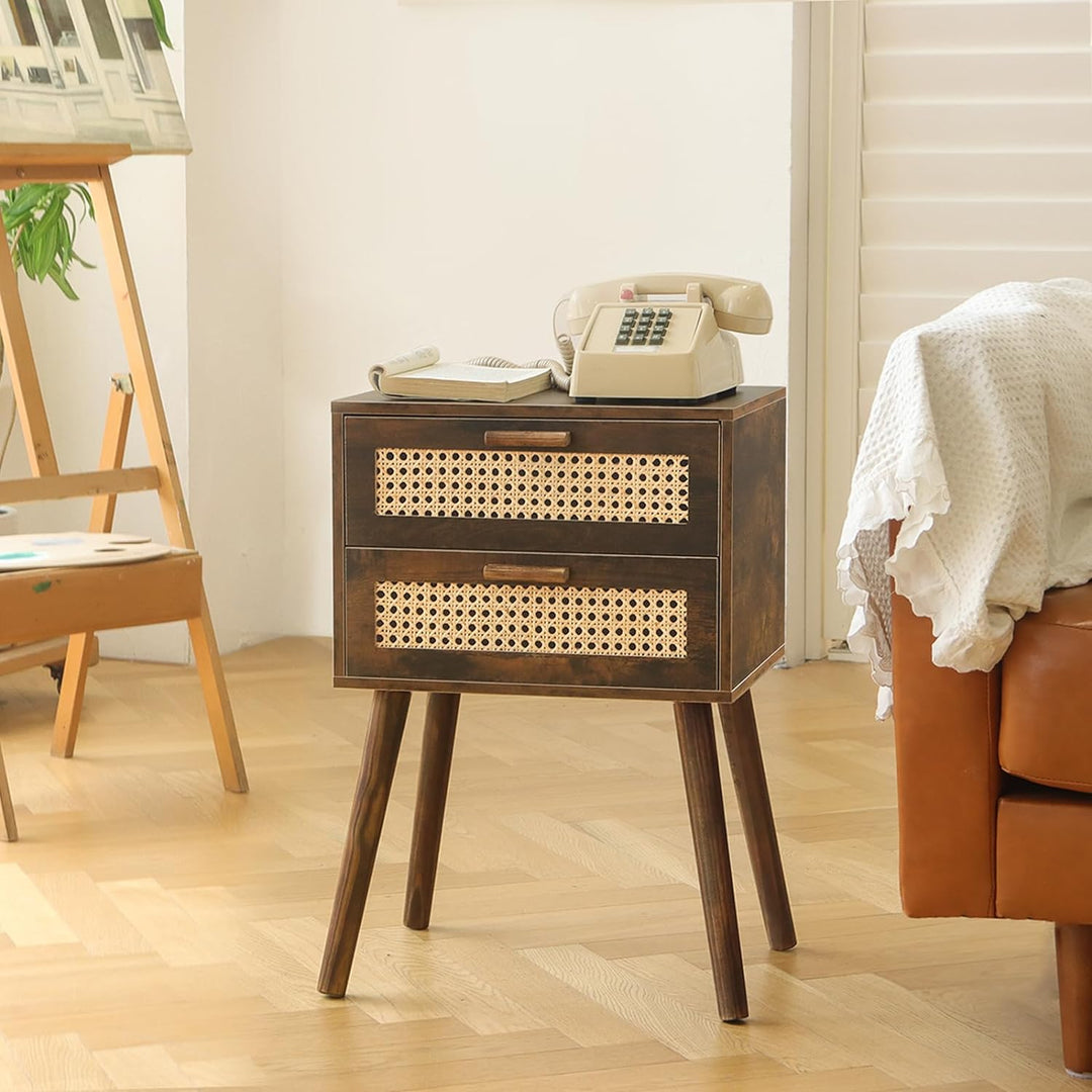 Mid Century Nightstand, Modern Rattan Bedside Table