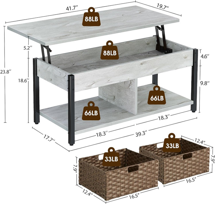 Retro Coffee Table with Hidden Storage and Rattan Baskets, Grey