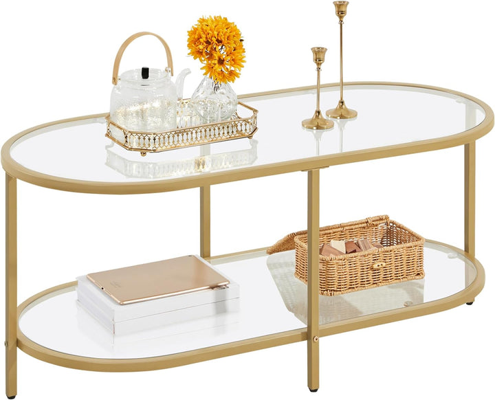 Elegant Gold Coffee Table, Oval Glass Top with Storage Shelf, Metal Frame