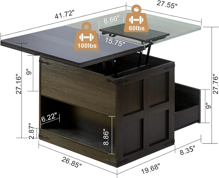 Farmhouse Coffee Table with Lift Top, Storage, Convertible, Dark Gray