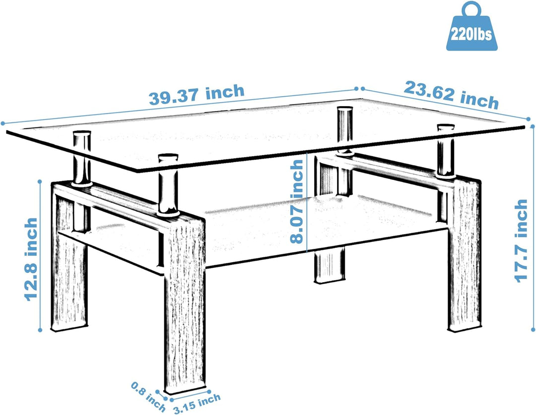 Rectangle Oak Glass Coffee Table, Clear Glass Top, Modern Tables
