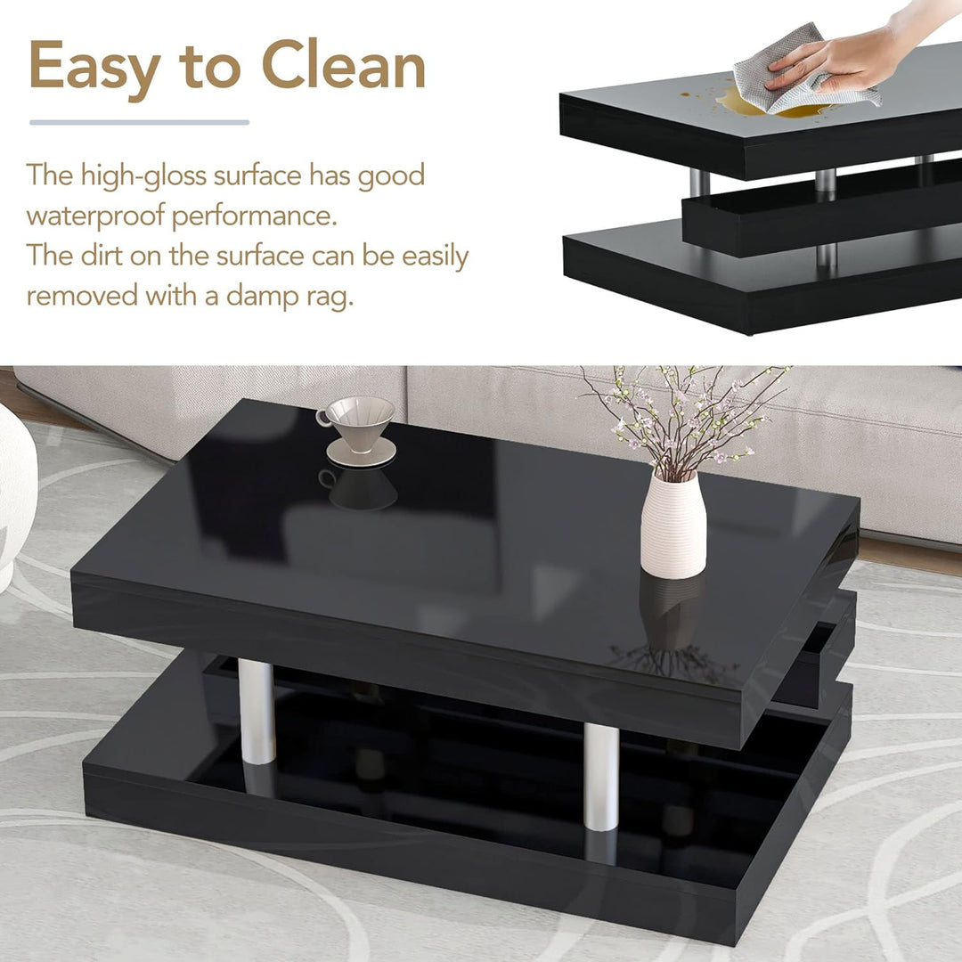 Modern 2-Tier Coffee Table, Silver Metal Legs, High-Gloss UV, Black