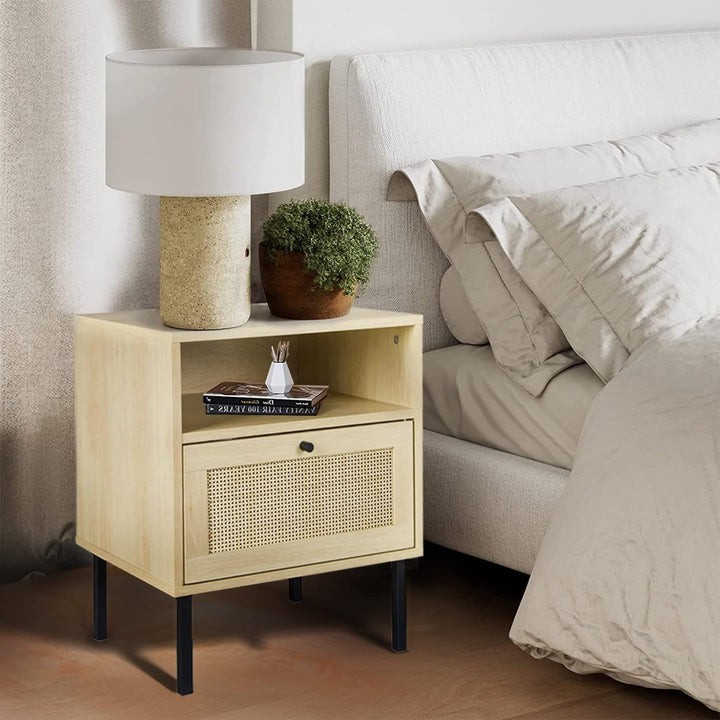 Rattan Nightstand Set, Wooden End Table, Storage