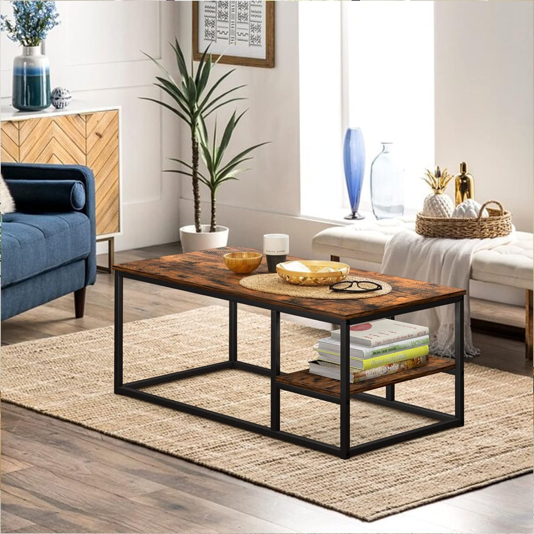 Rustic Coffee Table with Steel Frame and Shelves, Scandinavian Style, Vintage Brown