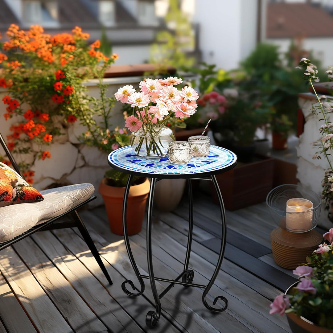 14" Round Outdoor Side Table, Metal Scrollwork Accent