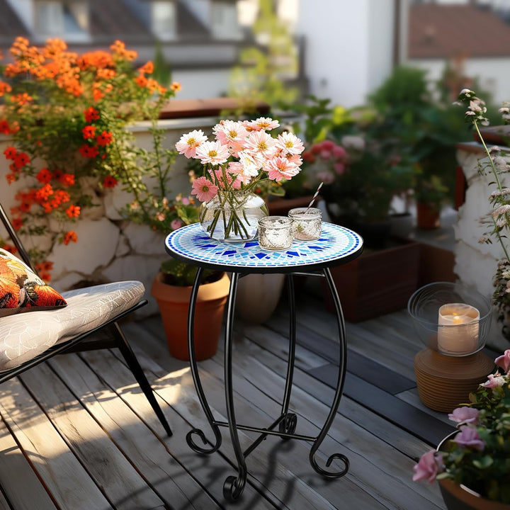 14" Round Outdoor Side Table, Metal Scrollwork Accent