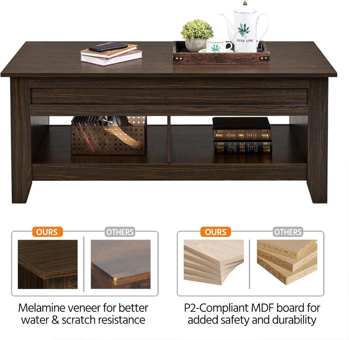 Lift Top Coffee Table with Hidden Storage and Open Shelves, Espresso