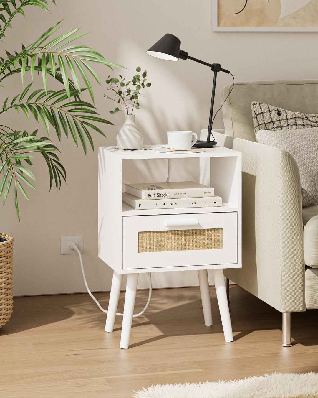 Rattan Nightstand w/ Charging Station, Storage Drawers