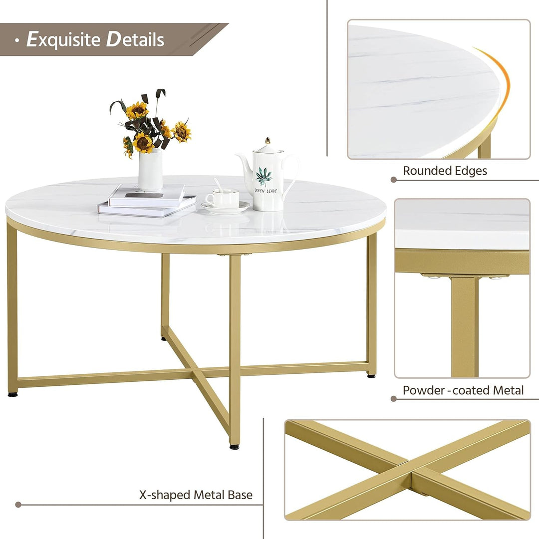 Faux Marble Coffee Table, 35.5-inch Round Center Table, White and Gold