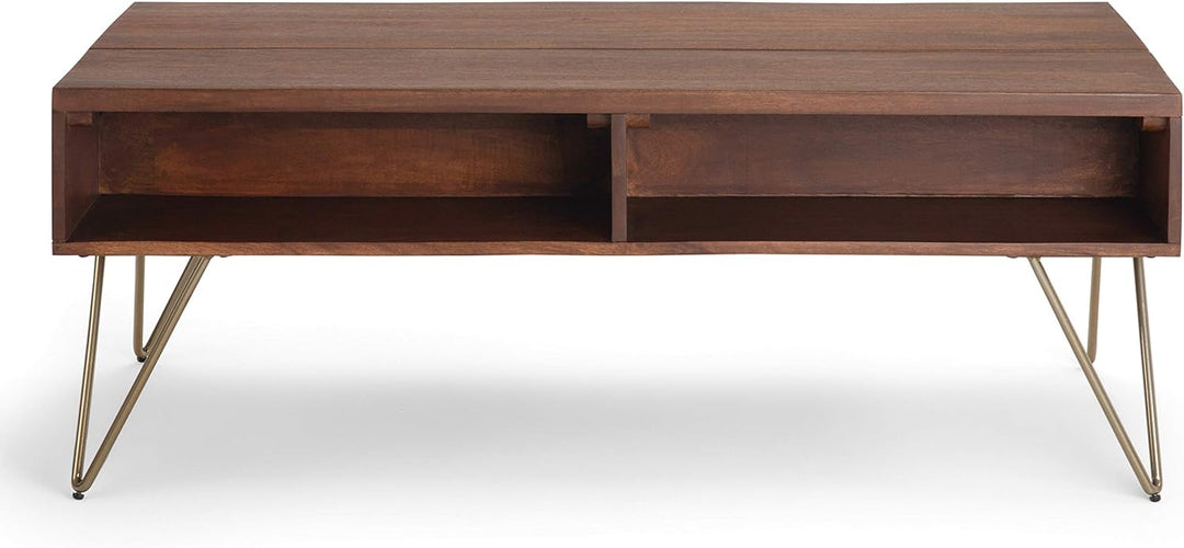 Solid Mango Wood and Metal Industrial Contemporary Lift Top Coffee Table, Umber Brown