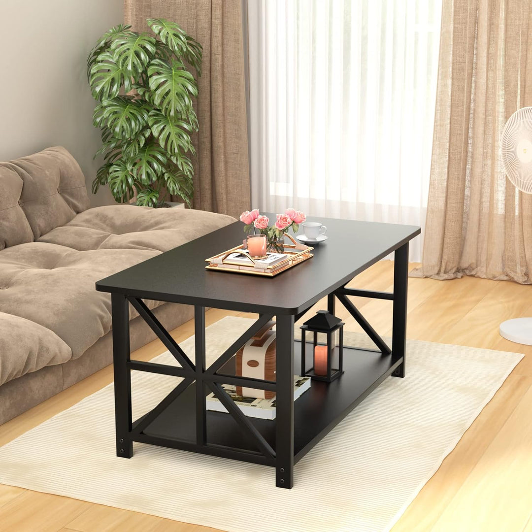 Farmhouse Coffee Table w/ Round Corners, 2-Tier Storage, Black