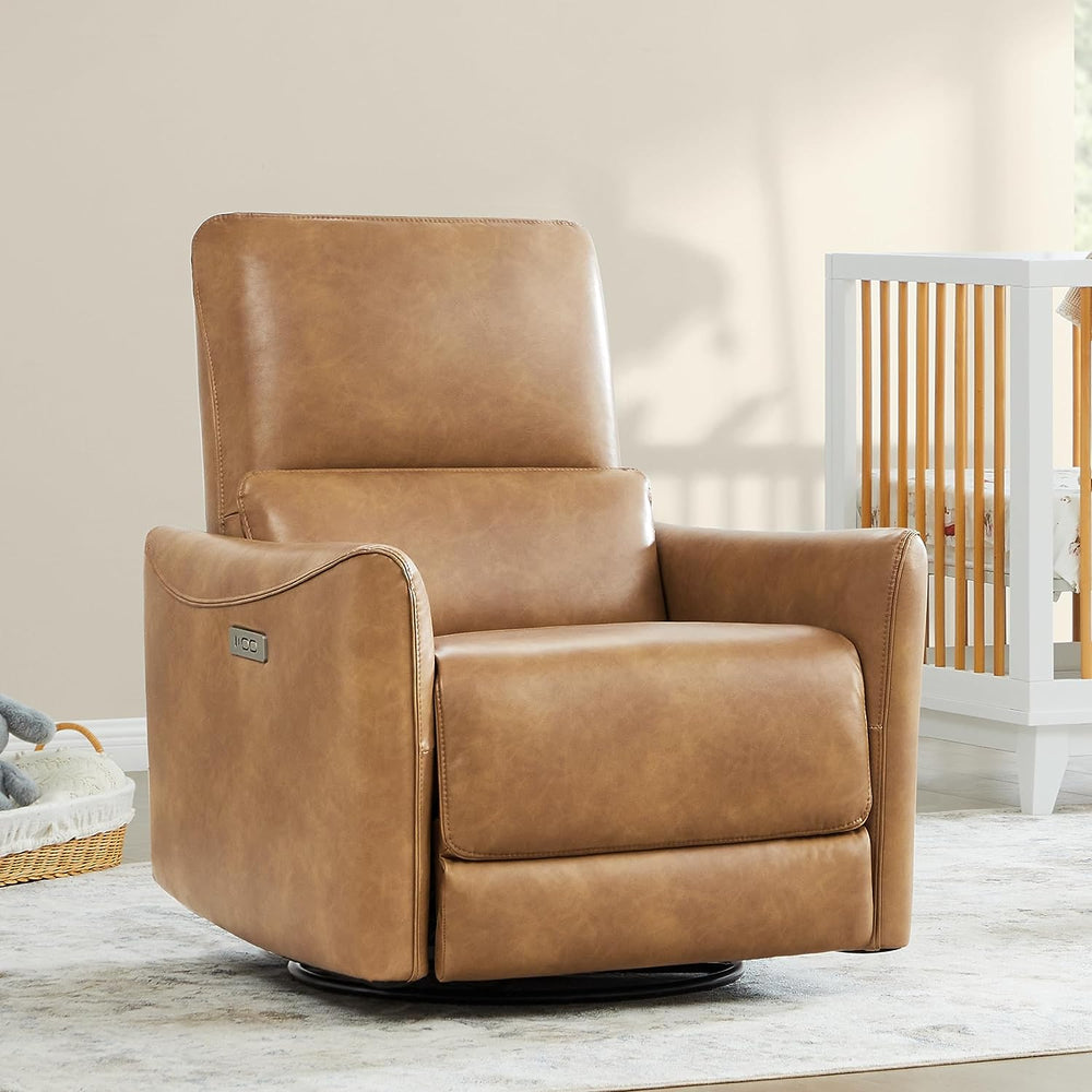 Power Recliner Chair Swivel Glider, FSC Certified Upholstered Faux Leather Living Room Reclining Sofa Chair with Lumbar Support, Cognac Brown