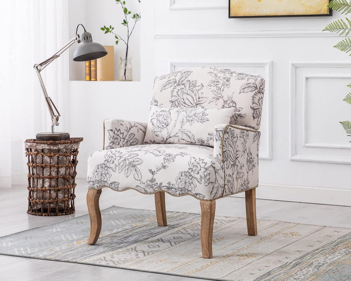 Floral Accent Chair Linen Upholstered Armchair