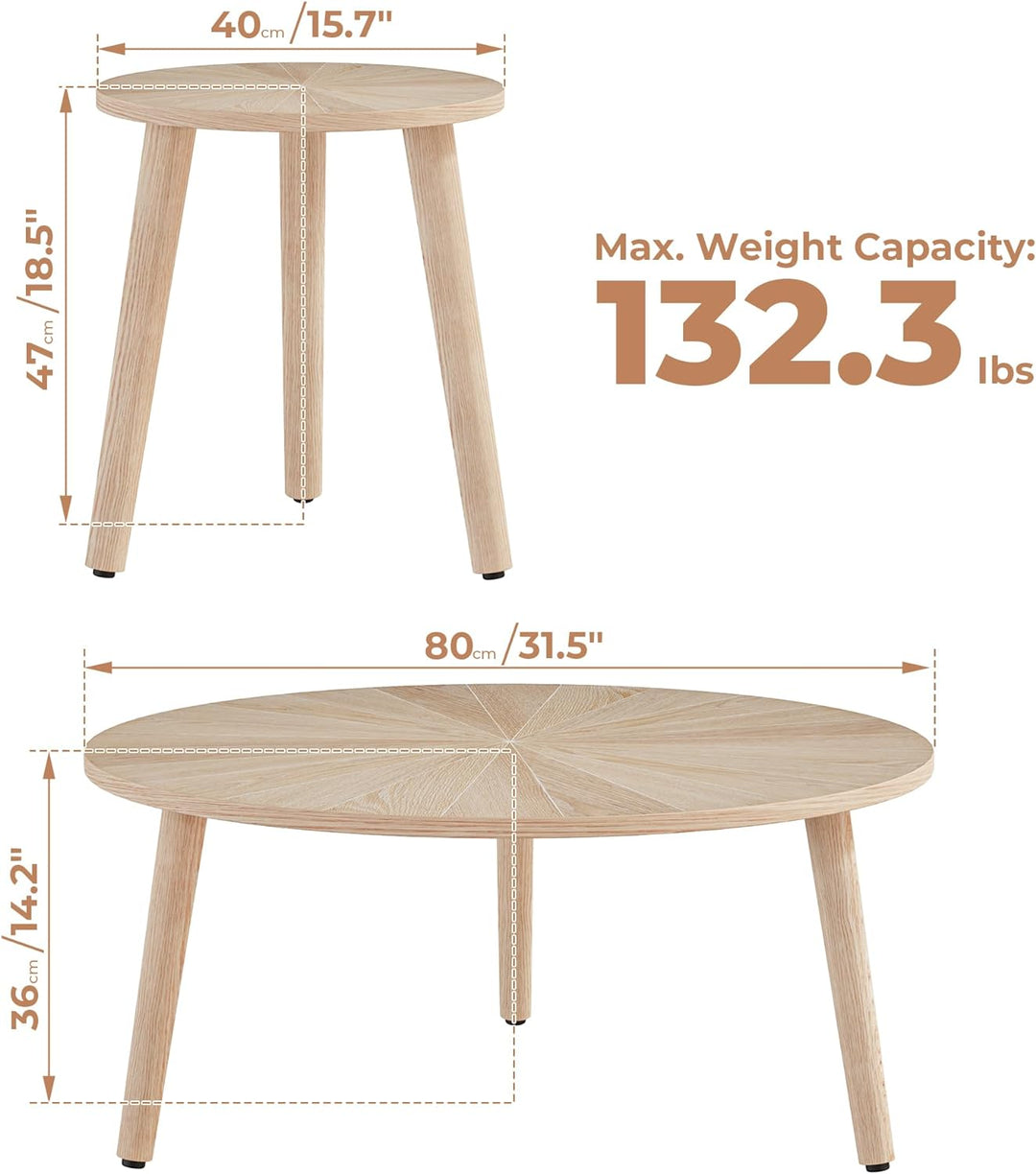 Solid Wood Round Coffee Table Set, Small Oak Farmhouse Circle Coffee Tables, Nature Wood