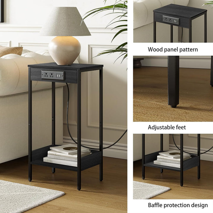 Tall Side Table w/ Charging Station, Black Table