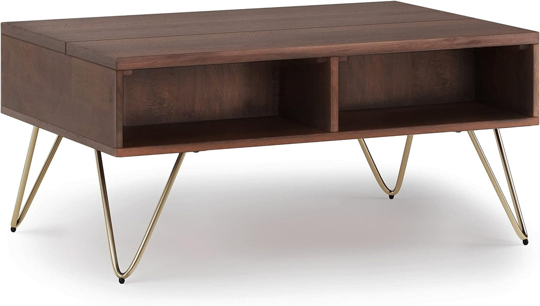 Solid Mango Wood and Metal Industrial Contemporary Small Lift Top Coffee Table, Umber Brown and Gold