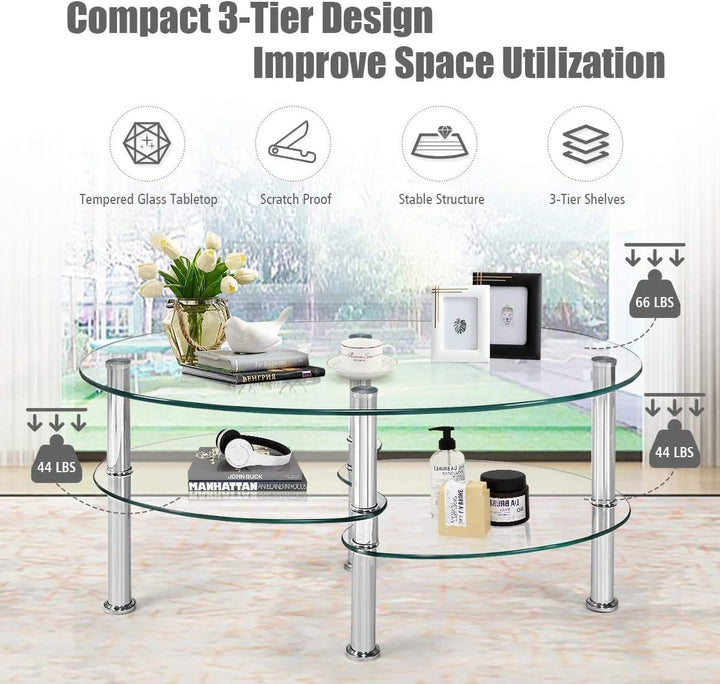 Tempered Glass Coffee Table, 3-Tier Steel Tea Table, Clear Glass