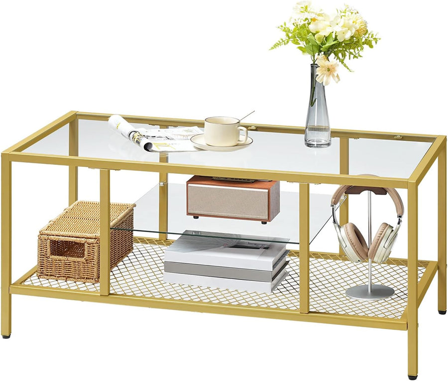 Gold Coffee Table, Glass Coffee Table for Living Room, 3-Tier Rectangular Coffee Table, Gold Glass Coffee Table with Storage Shelf, Metal Frame, Gold