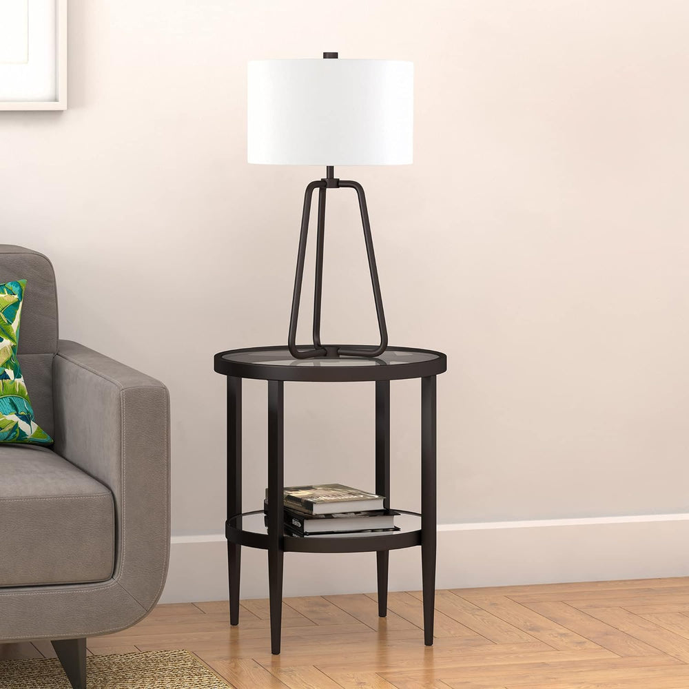 Elegant Round Side Table with Mirror Shelf, Blackened Bronze