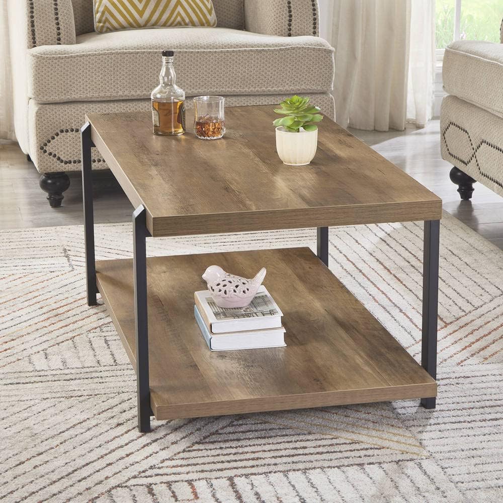 Rustic Industrial Coffee Table with Shelf, Wood and Metal Accent, Oak