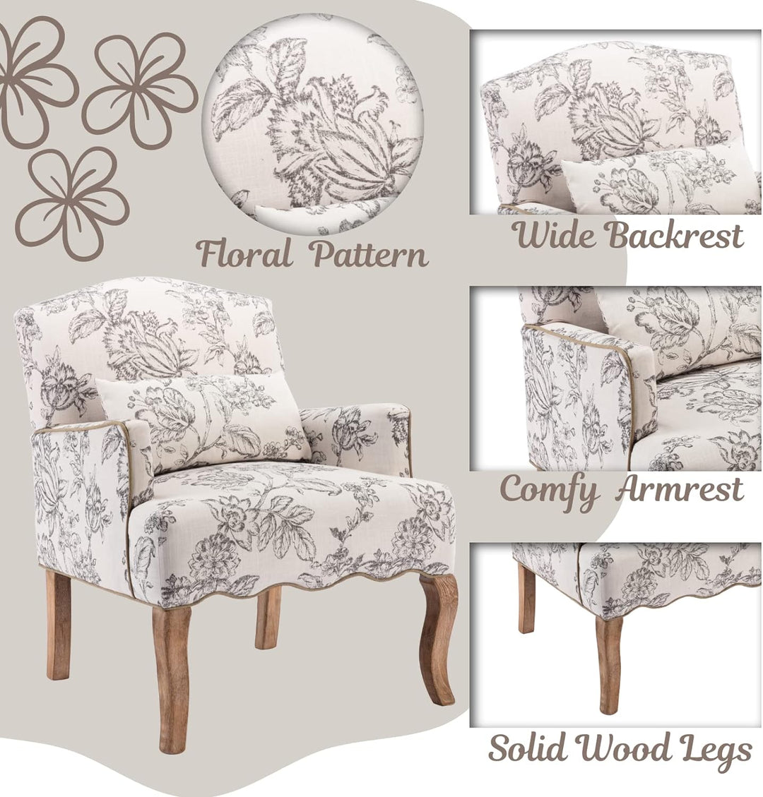 Floral Accent Chair Beige Comfy Single Sofa