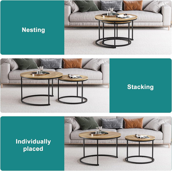 Nesting Coffee Table Set, Round Wood Grain Top, Adjustable Feet, Brown-black 27.6