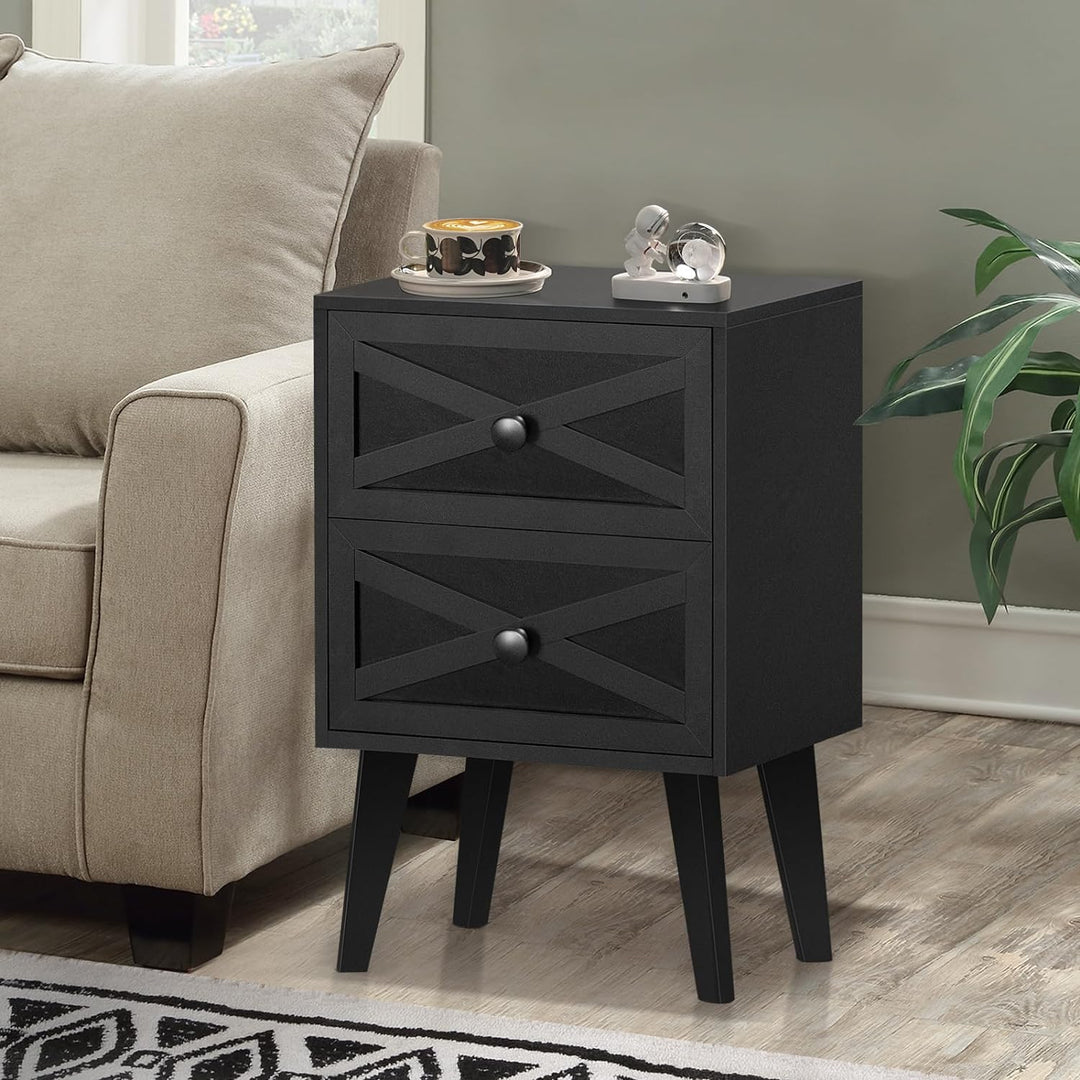 Nightstand Set of 2, Black End Table with 2 Drawers