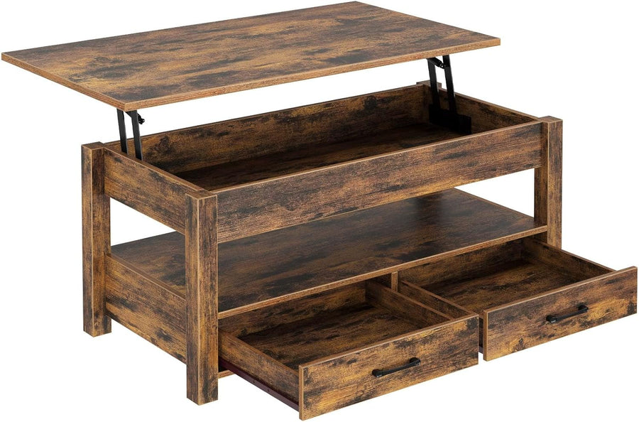 Rustic Lift-Top Coffee Table, Drawers, Hidden Compartment, Wooden