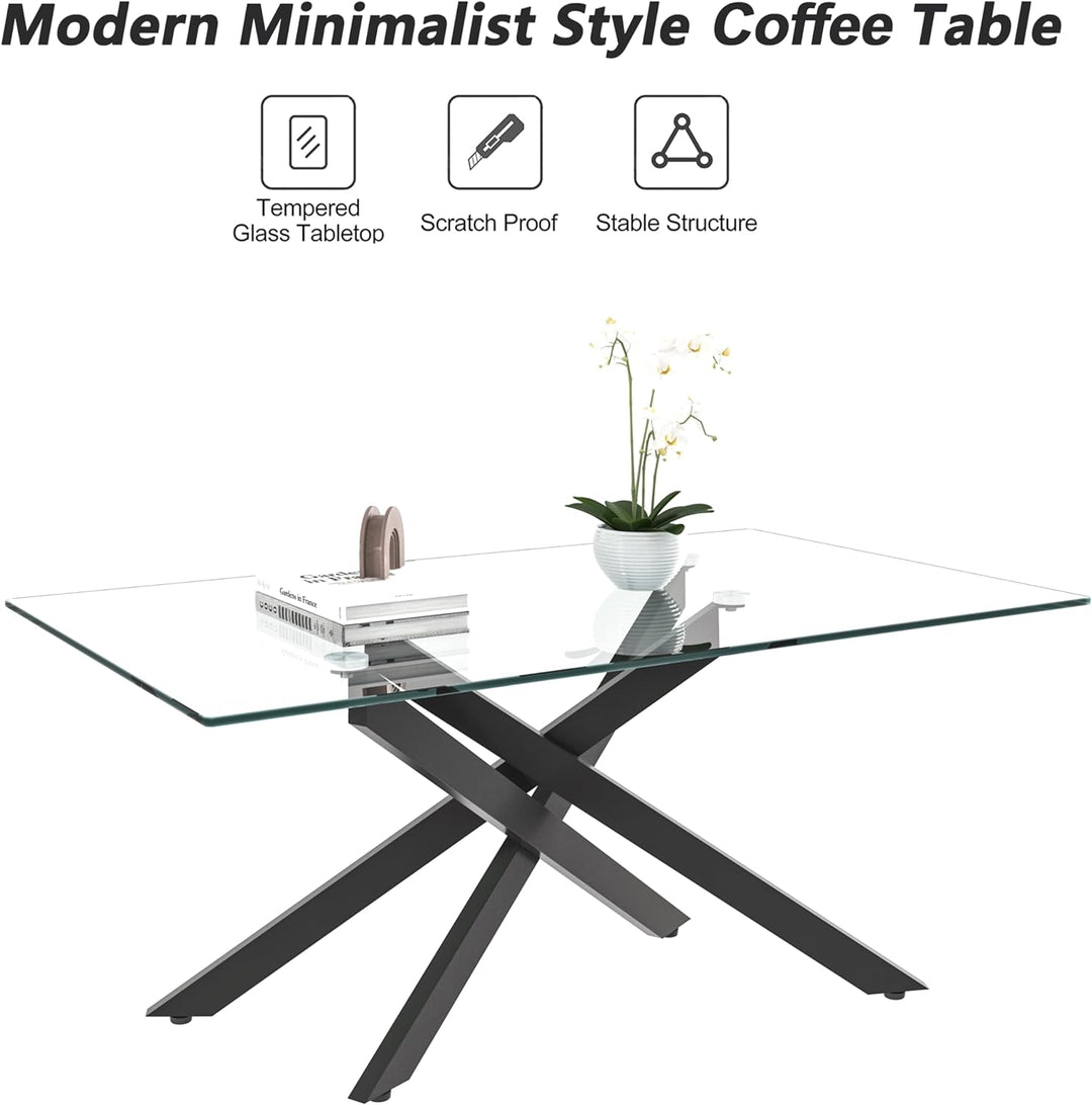 Glass Coffee Table for Living Room, Modern Rectangle, Black