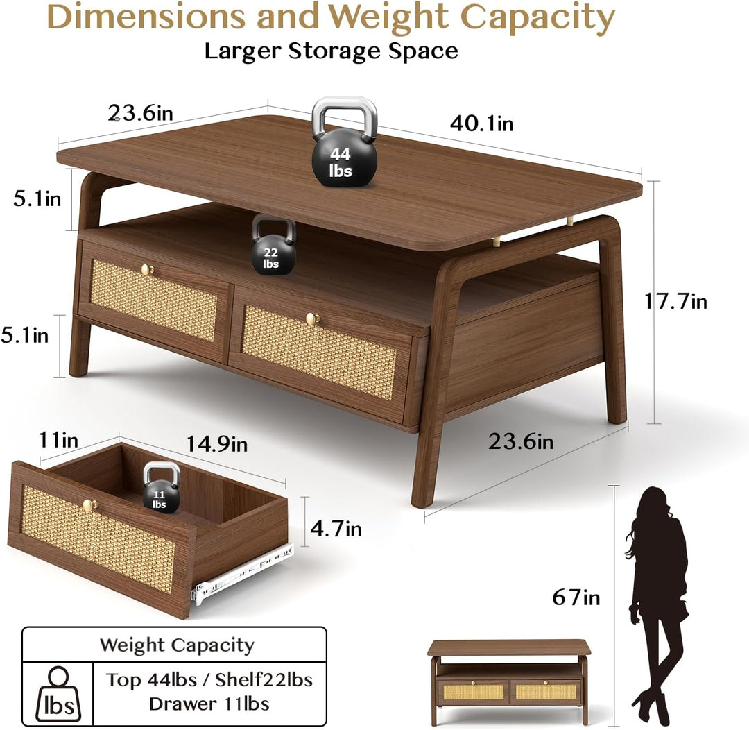 Coffee Table with Storage, Mid Century Modern, Rattan Drawers, Walnut