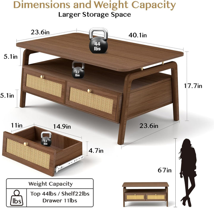 Coffee Table with Storage, Mid Century Modern, Rattan Drawers, Walnut