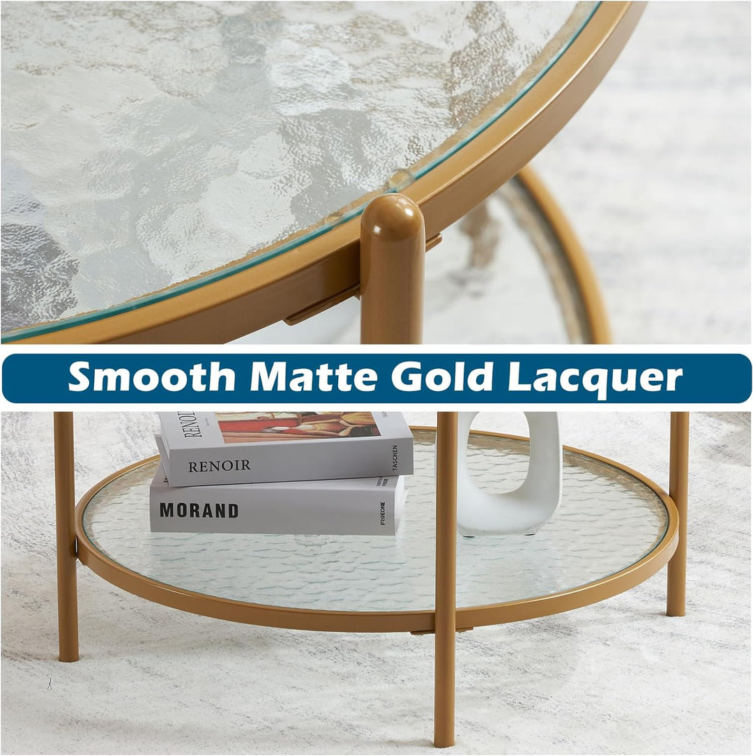 Matte Gold Round Coffee Table, 2-Tier Storage Design, Living Room