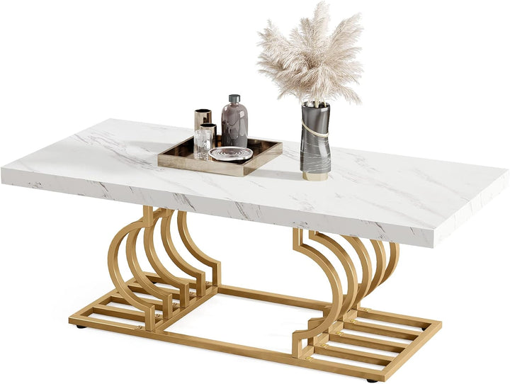 Modern Faux Marble Coffee Table, Accent Furniture, White/Gold