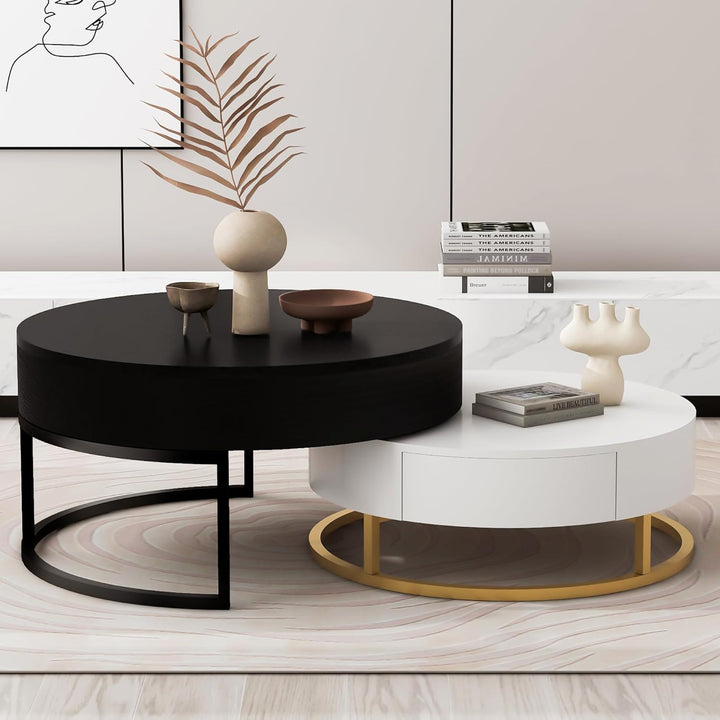 Modern Round Lift-top Nesting Coffee Tables, WhiteBlack