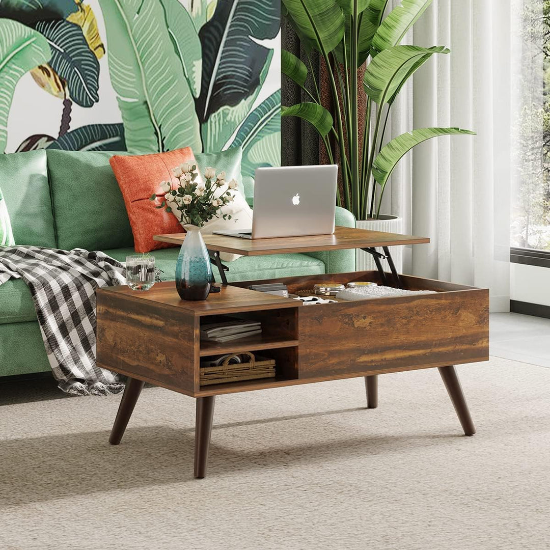 Rustic Oak Wood Lift Top Coffee Table with Hidden Compartment