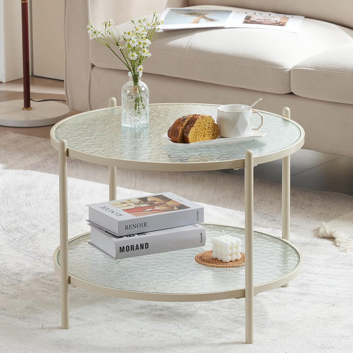 Cream White Round Coffee Table with Water-Wave Glass Circle