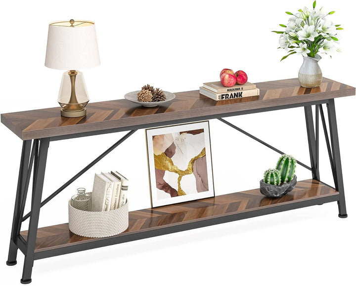 70.9" Industrial Entryway Console Sofa Table, Brown/Black