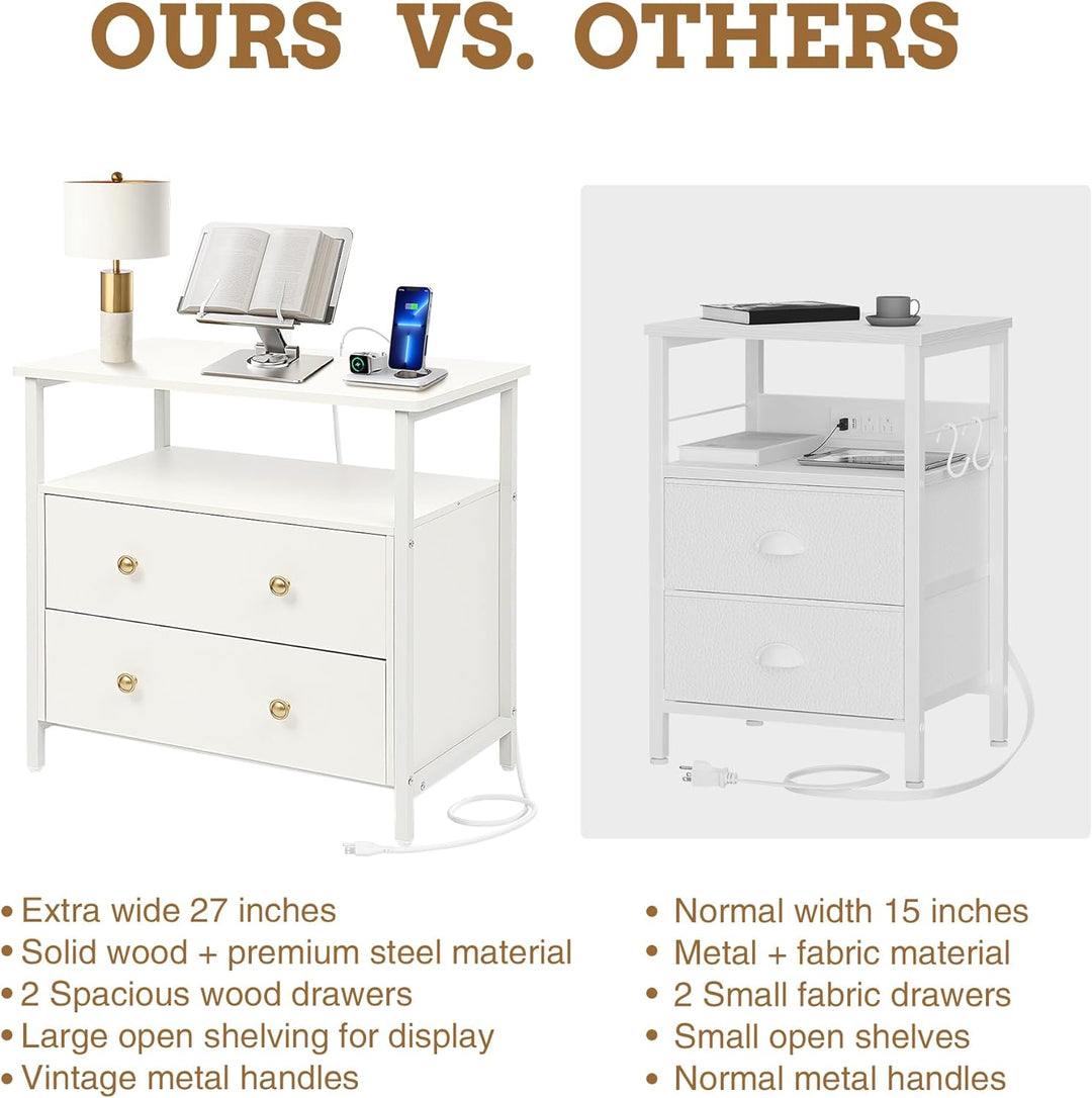 27" Nightstand w/ Charging Station, 2 Drawers, White